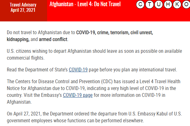 США рекомендовали своим гражданам срочно покинуть Афганистан