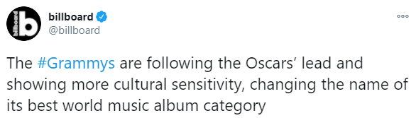 Премия "Грэмми" меняет название одной из номинаций из-за "колониального подтекста". Скриншот: Твиттер