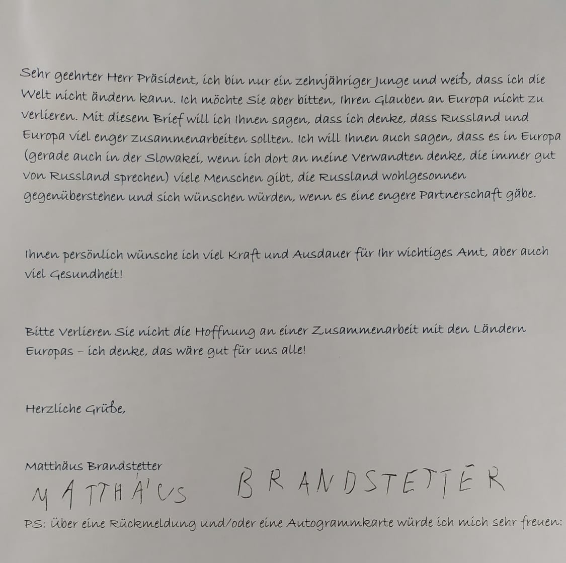 Десятилетний австриец отправил Путину письмо с просьбой "не терять веру в Европу"