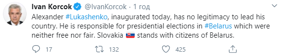 Словакия отказалась признавать Лукашенко президентом Беларуси. Скриншот: Иван Корчок в Твиттер