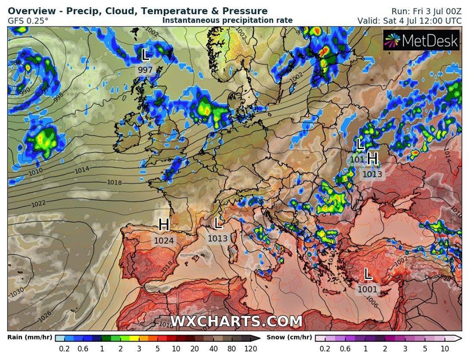 Выходные в Украине будут жаркими, а на западе и севере пройдут дожди. Карта: Faceboook/ Наталья Диденко