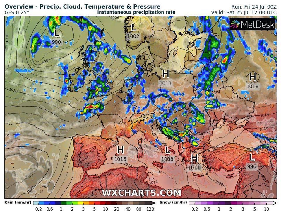 Прогноз погоды в Украине я пятницу, 25 июля. Карта: Facebook/ Наталья Диденко