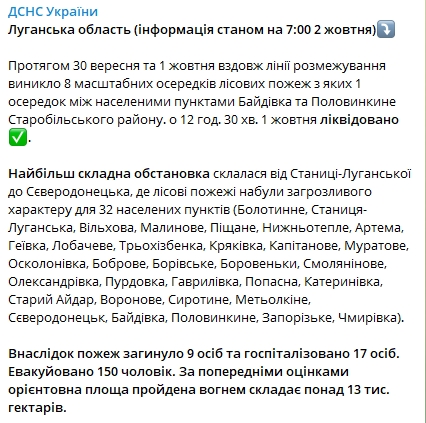 Площадь пожаров на Луганщине увеличилась до 13 тысяч гектаров. Скриншот: Telegram-канал/ ГСЧС