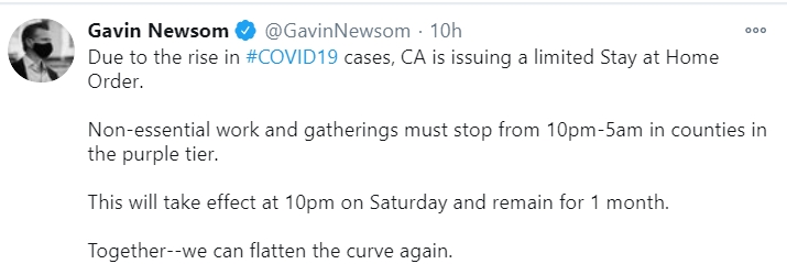 В Калифорнии ввели комендантский час из-за коронавируса. Скриншот: twitter.com/GavinNewsom