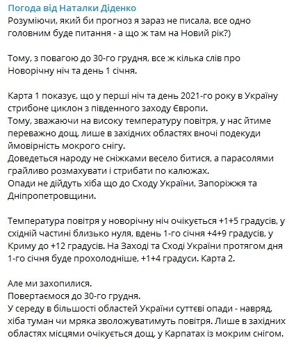 Какой будет погода в Украине на Новый год 31 декабря. Скриншот: t.me/PohodaNatalka