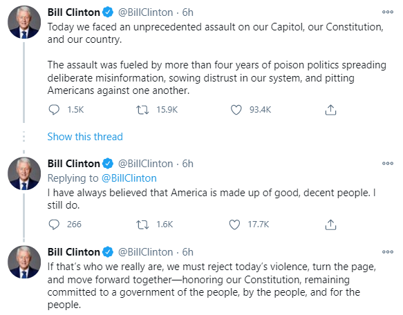 Клинтон осудил беспорядки в США. Скриншот: twitter.com/BillClinton