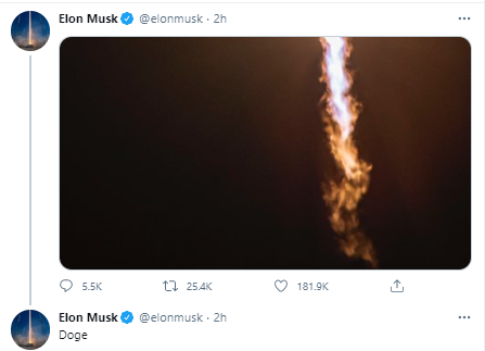 Бизнесмен опубликовал картинку с ракетой-носителем Falcon 9 и в ответ на нее написал слово Doge. Скриншот: twitter.com/elonmusk
