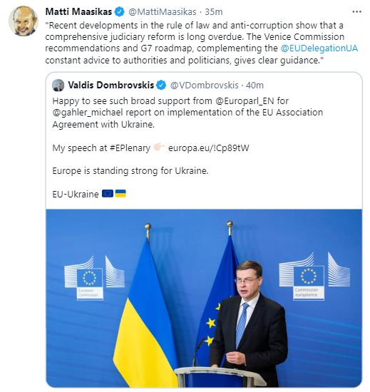 Матти Маасикас заявил, что Украине давно пора проводить судебную реформу. Скриншот: twitter.com/MattiMaasikas