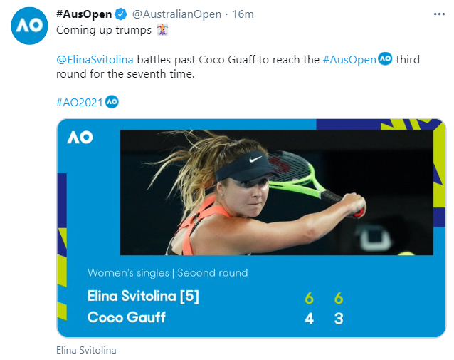 Элина Свитолина вышла в третий круг Australian Open. Скриншот: twitter.com/australianopen