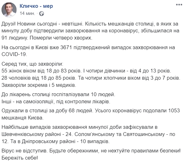 Данные по коронавирусу в Киеве на 11 июня. Скриншот: Facebook/ Кличко-мэр