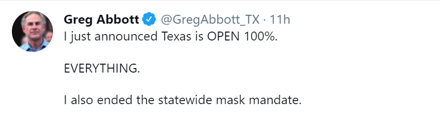 В Техасе отменили масочный режим. Скриншот: twitter.com/GregAbbott_TX/