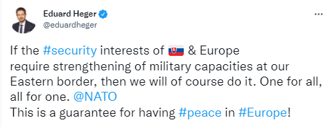 Хегер заявил, что Словакия поддержат укрепление НАТО на восточном фланге