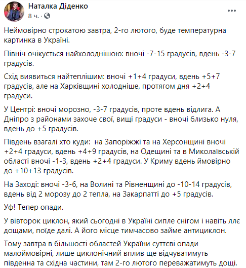 От -15 до +9. Синоптик рассказала о резкой смене погоды в Украине во вторник. Скриншот: facebook.com/tala.didenko