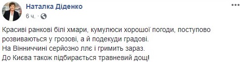 Синоптик Наталья Диденко спрогнозировала бурю. Скриншот: Facebook / Наталка Диденко