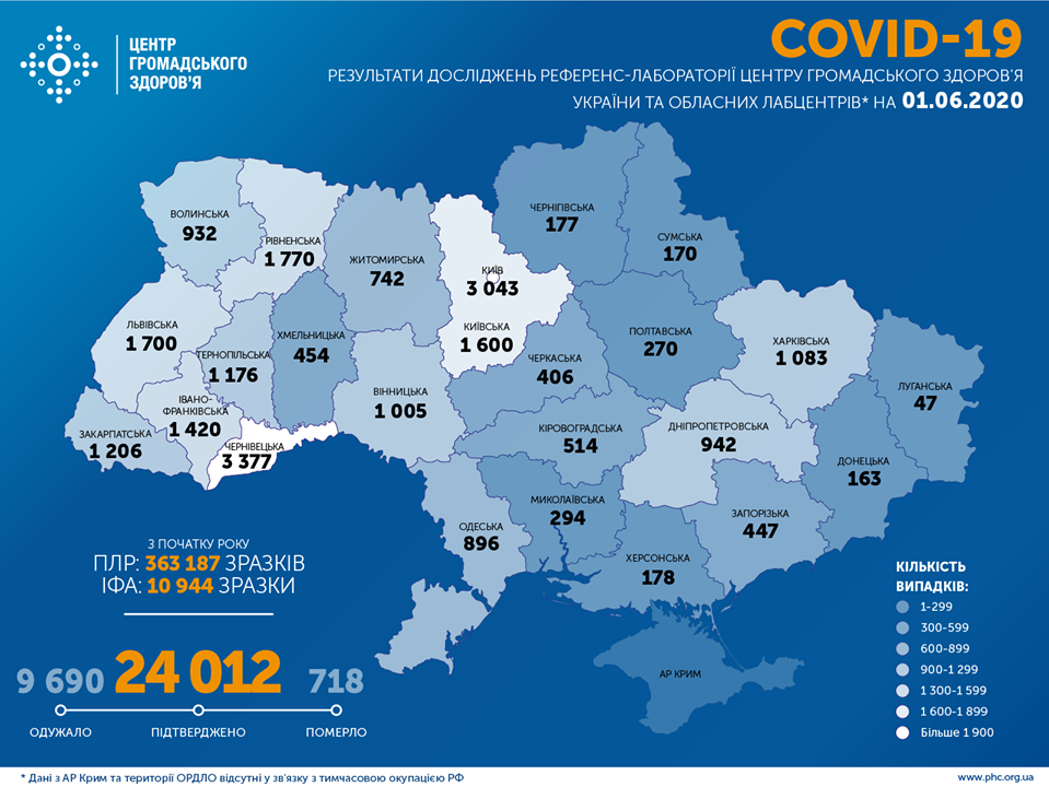 Опубликована карта распространения коронавируса в Украине по областям на 1 июня