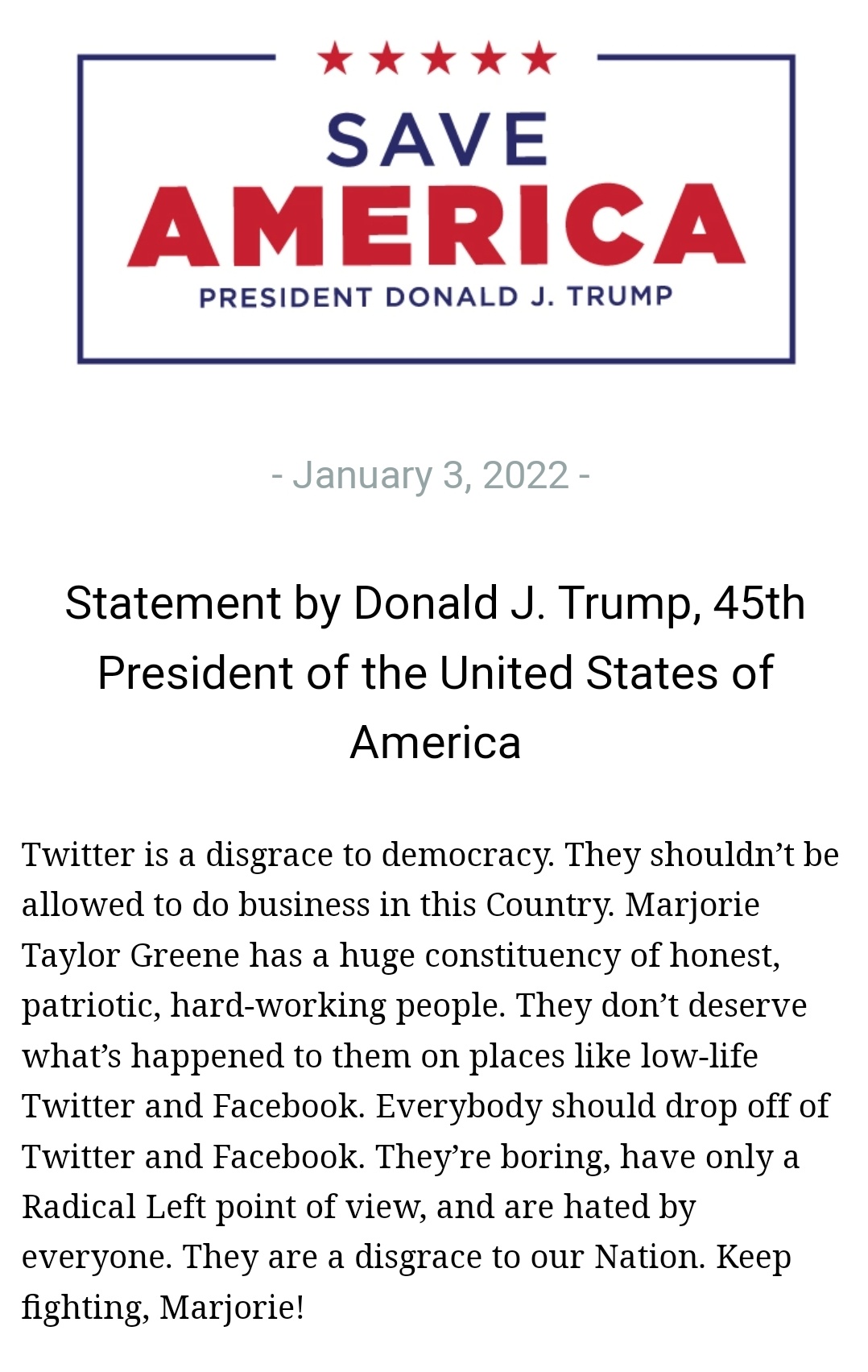 Трамп назвал твиттер позором. Скриншот из заявления пресс-службы бывшего президента