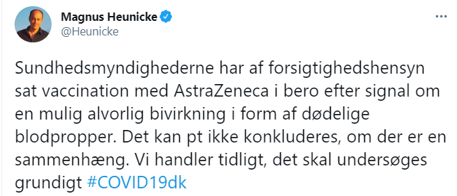 Дания остановила вакцинацию от коронавируса препаратом AstraZeneca. Скриншот из твиттера премьер-министра здравоохранения страны