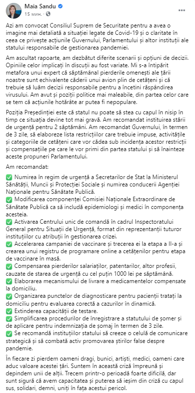 В молдавии рекомендуют объявить режим ЧП на две недели. Скриншот из фейсбука Майи Санду