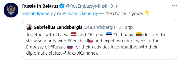 посольство предложило шутливые хэштэги в ответ на пост главы МИД Литвы. Скриншот из твиттера посольства РФ в Беларуси