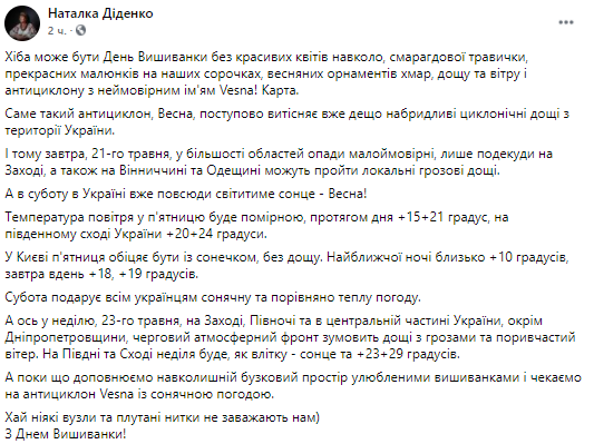 Прогноз погоды в Украине. Скриншот из фейсбука синоптика Натальи Диденко