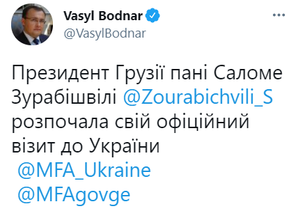 Президент Грузии прибыла в Украину. Скриншот из твиттера Василия Боднара