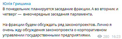 Верховная Рада проведет внеочередные заседания. Скриншот из телеграм-канала Юлии Гришиной