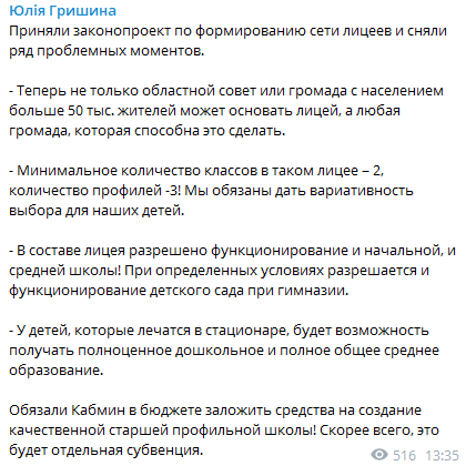 В Украине разрешили лицеи в маленьких населенных пунктов. Скриншот из телеграмм-канала нардепа Юлии Гришиной