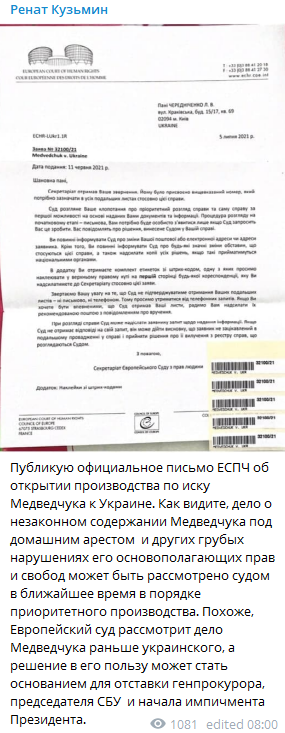 ЕСПЧ открыл производство по иску Медведчука. Скриншот из телеграм-канала Рената Кузьмина