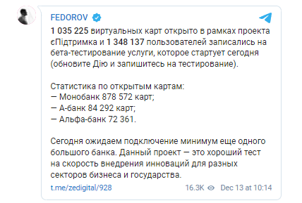 Федоров рассказал, сколько карт еПоддержка открыли украинцы