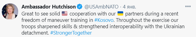 Хатчинсон об украинских военных в Косово. Скриншот https://twitter.com/USAmbNATO