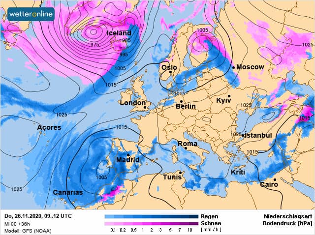 Карта прогноза погода на четверг, 26 ноября