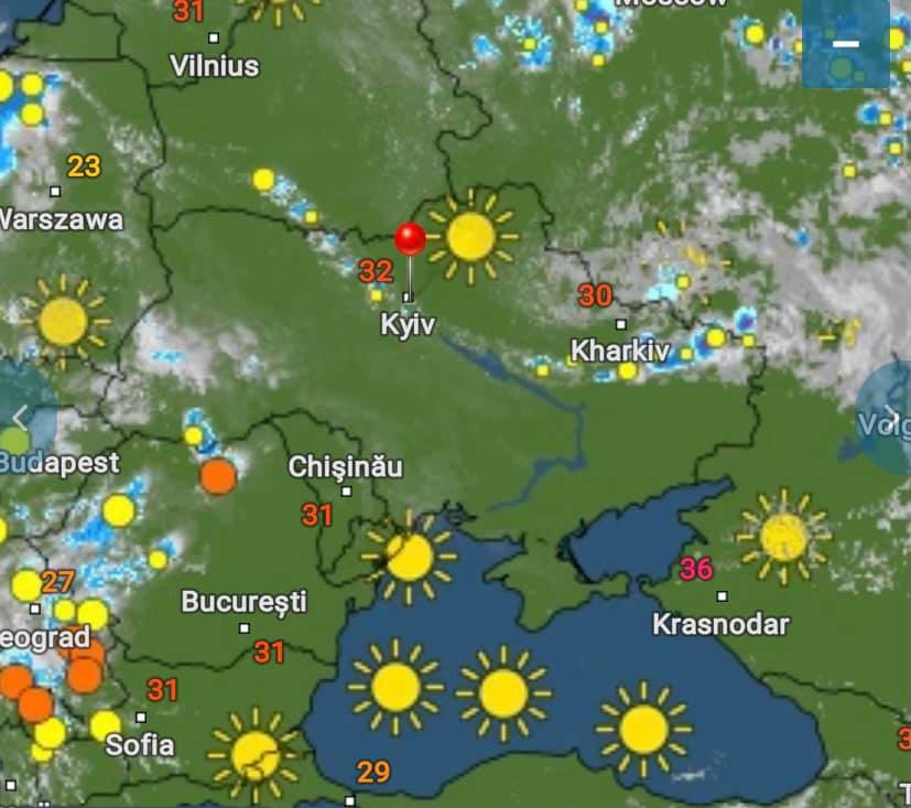 Скриншот: антициклон проходит от Житомирщины через Киевскую и Харьковскую область