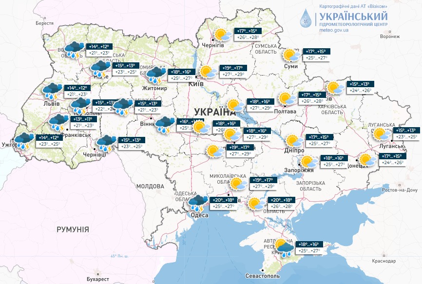 Карта погоды в Украине на 19 июня 2023 года
