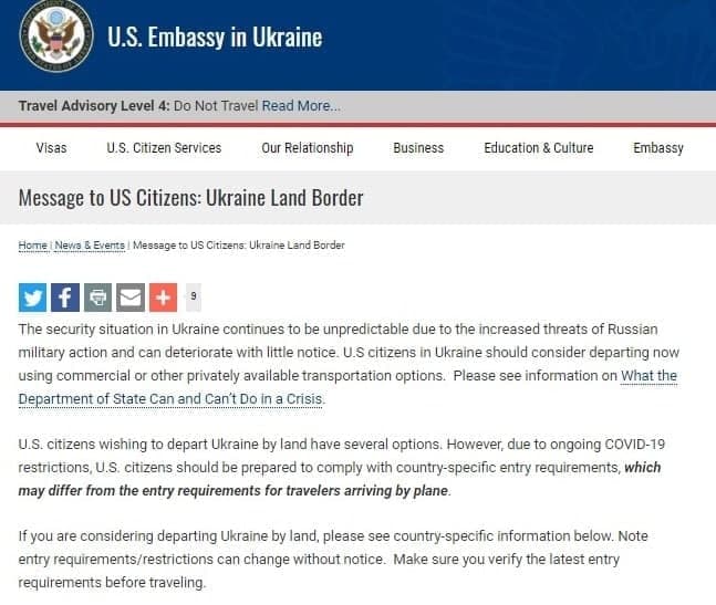 Посольство США снова призвало американских граждан покинуть Украину