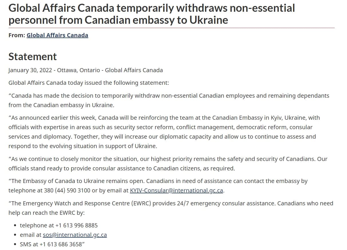 Из посольства Канады в Украине отозваны все второстепенные сотрудники