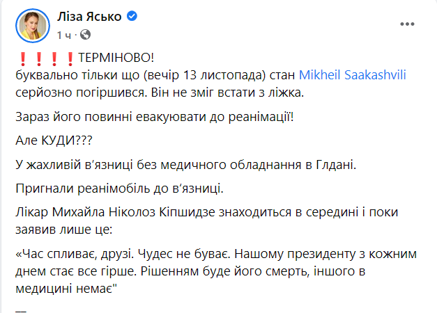 Самочувствие Саакашвили внезапно ухудшилось. Источник: Facebook/Елизавета Ясько