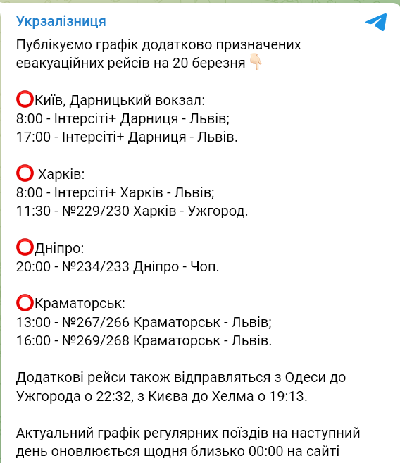 График рейсов Укрзализныци на 20 марта