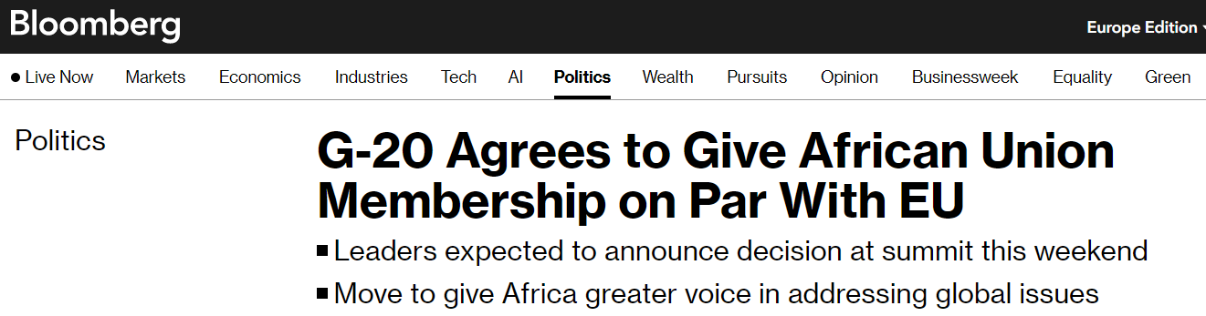 Африканский союз будет взаимодействовать с G20 в статусе постоянного члена