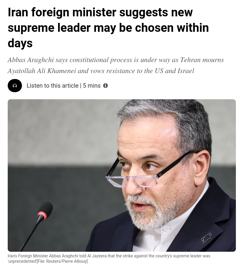 Снимок заголовка на aljazeera.com &ndash; Иран изберёт нового верховного лидера в ближайшие дни