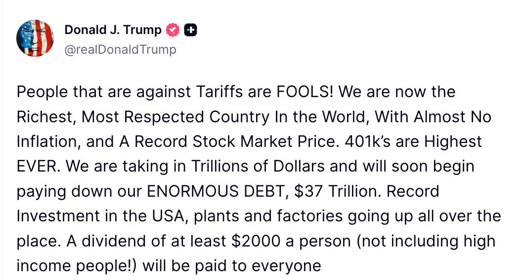 Снимок заголовка на truthsocial.com - Трамп анонсировал американцам выплаты из доходов от торговых пошлин