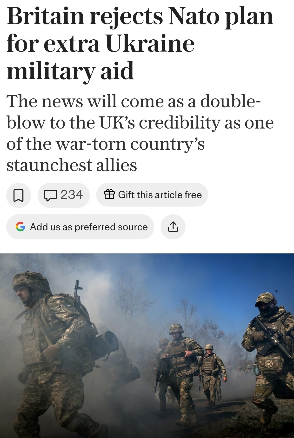 Знімок заголовку на telegraph.co.uk – Британія, Франція та ще три країни заблокували пропозицію НАТО щодо щорічної допомоги Україні