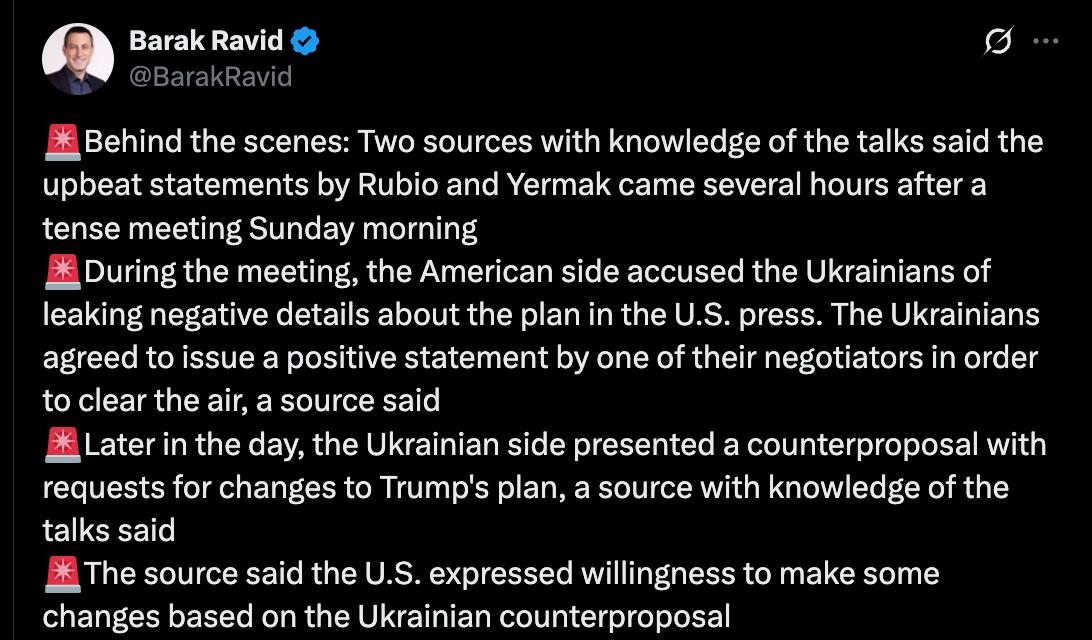 Знімок повідомлення в Х-США звинуватили Україну в розголошенні мирного плану Трампа ЗМІ