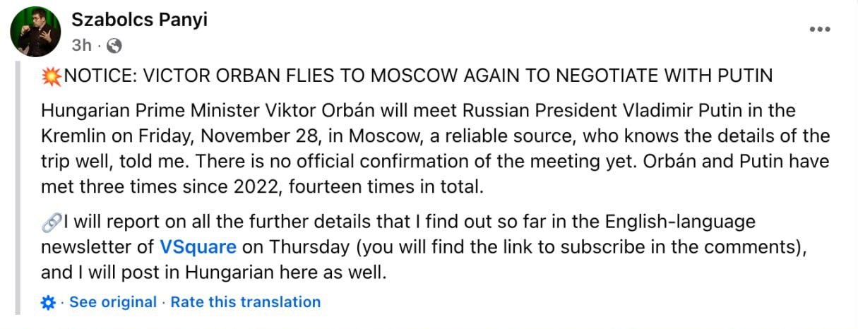 Знімок повідомлення у Фейсбуці - Орбан збирається зустрітися з Путіним