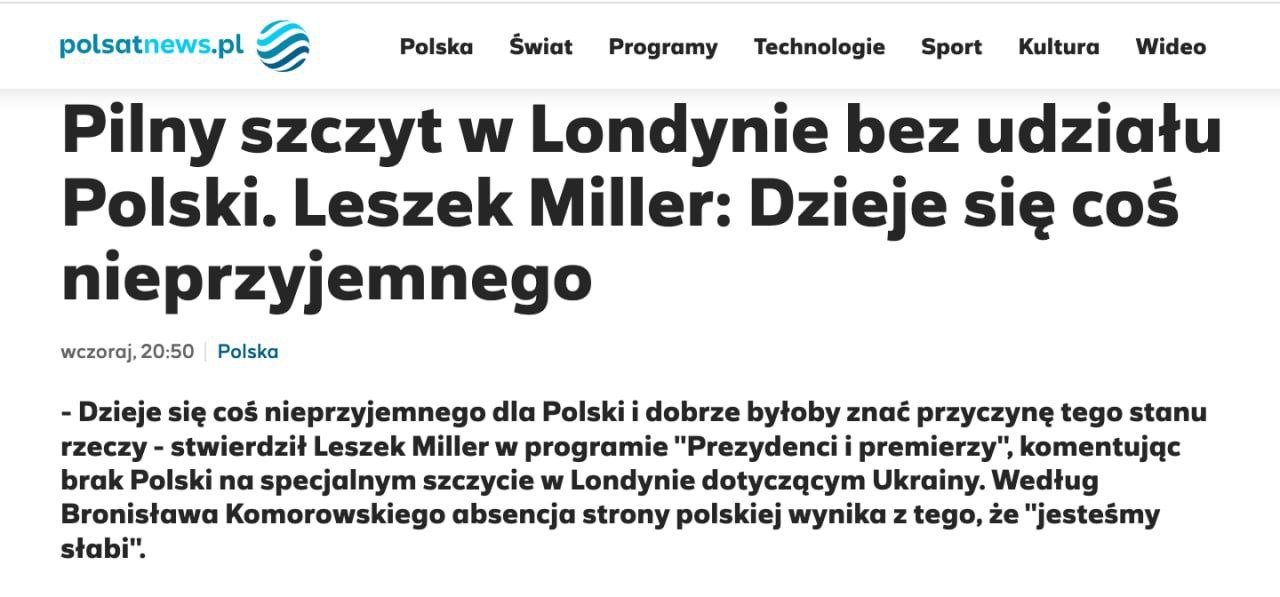 Снимок заголовка на polsat.pl - Польша не поличила приглашение на саммит по урегулированию российско-украинской войны
