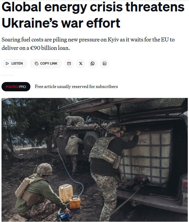 Снимок заголовка на politico.com &ndash; ВСУ ощутили нехватку топлива из-за войны США с Ираном