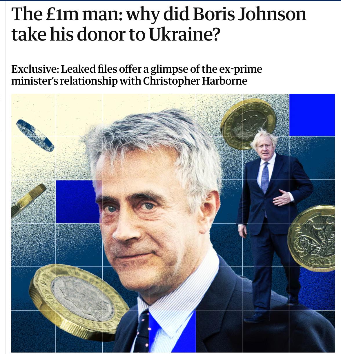 Снимок заголовка на theguardian.com - экс-премьера Британии Бориса Джонсона подозревают в обогащении на военном производстве для Украины