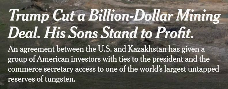 Снимок сообщения на nytimes.com &ndash; Трамп заключил сырьевую сделку с Казахстаном