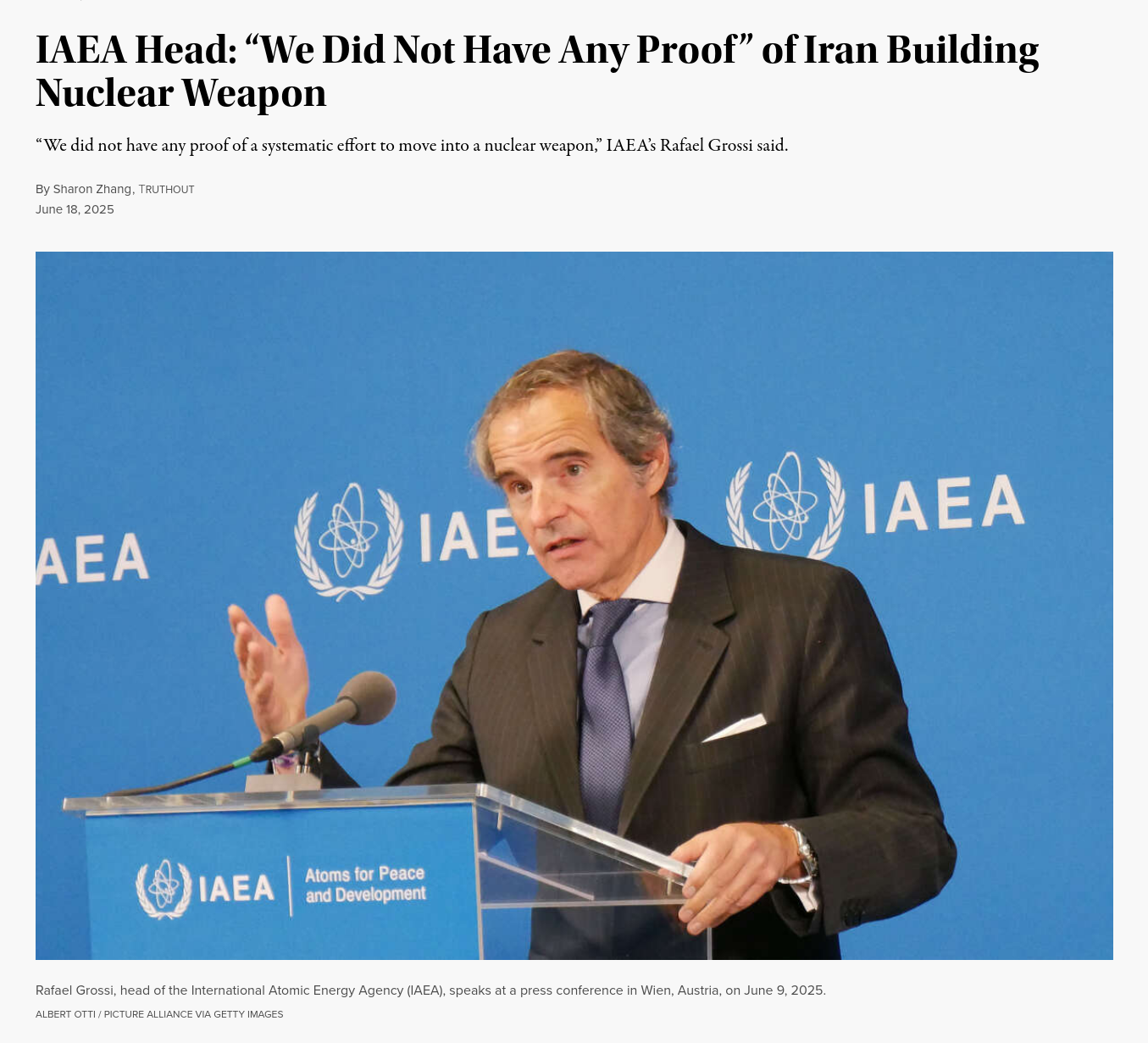 Снимок заголовка на truthout.org – МАГАТЭ не обнаружило у Ирана ядерного оружия