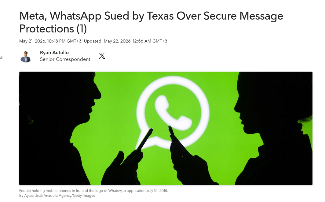 Снимок заголовка на bloomberglaw.com &ndash; Штат Техас подаёт на WhatsApp и Meta