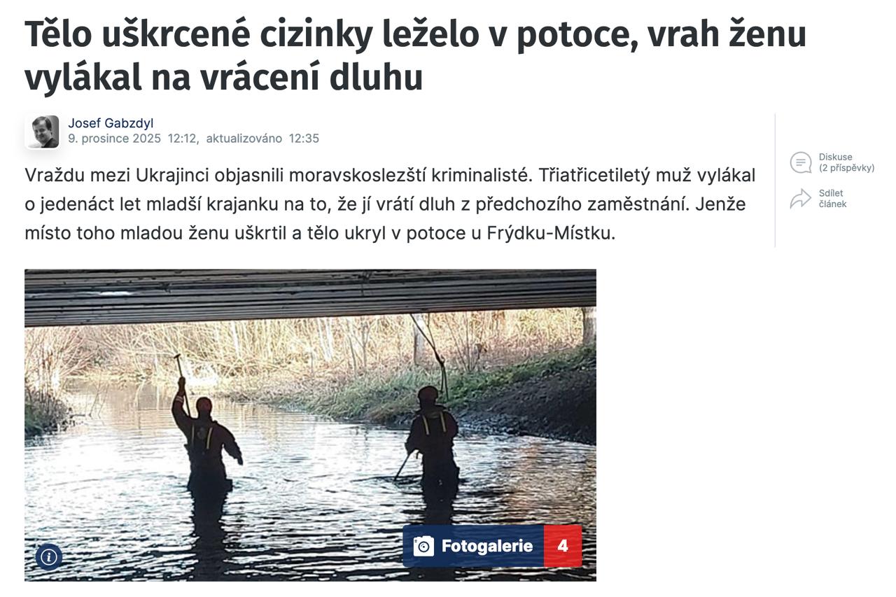 Снимок заголовка наidnes.cz - Украинец убил соотечественницу на территории Чехии